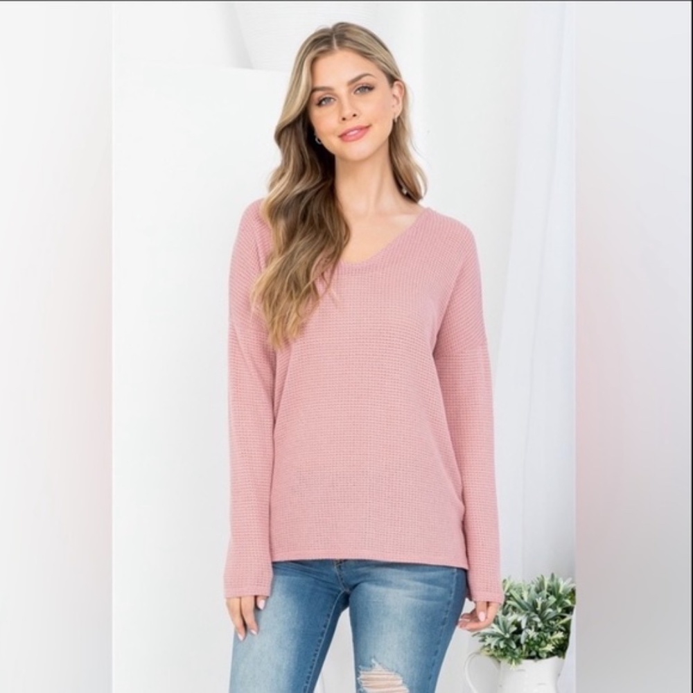 S M MAUVE DEEP V-NECKLINE WAFFLE FABRIC LONG SLEEVE KNITTED TOP SHIRT